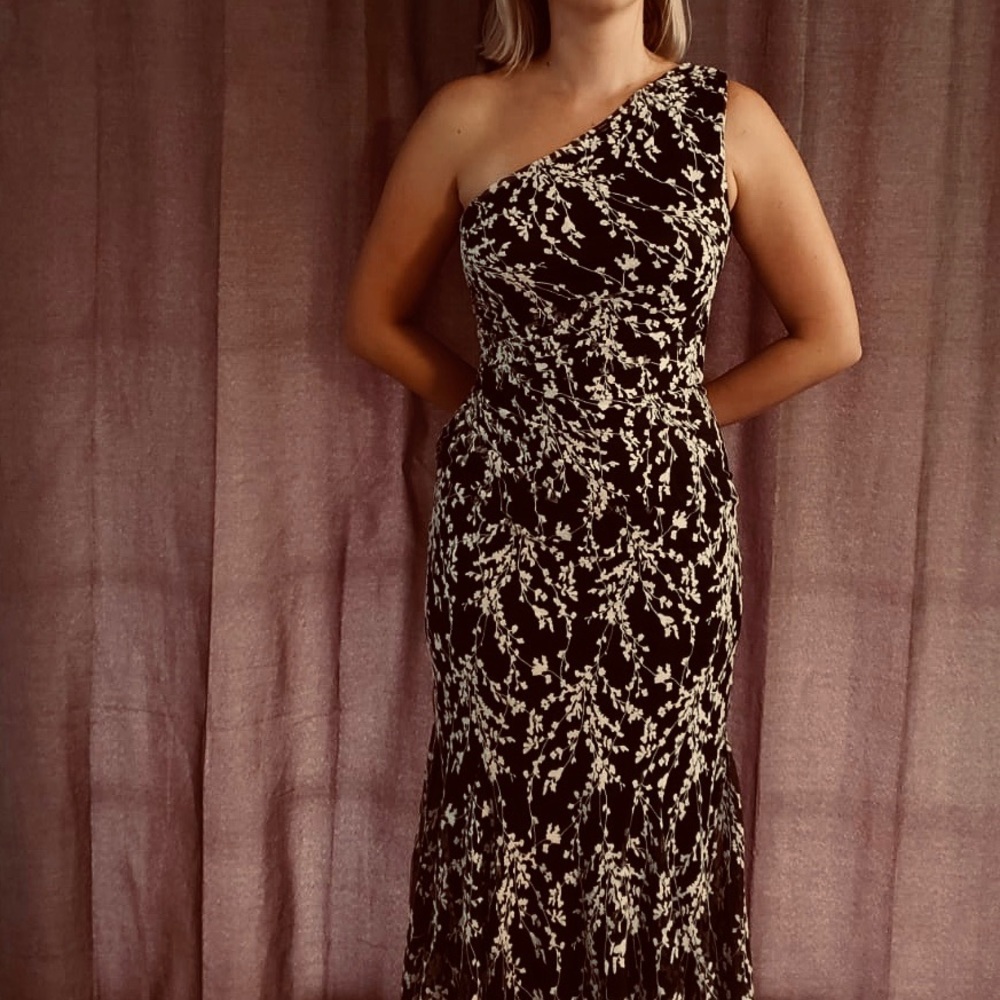 David Meister One Shoulder Black Ivory Ball Gown